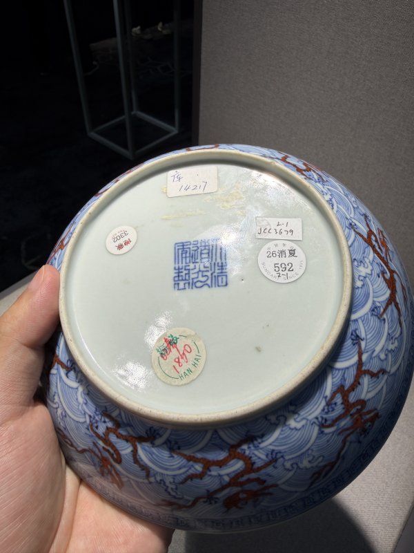 清道光 青花矾红彩海水龙纹盘一对 - 图13