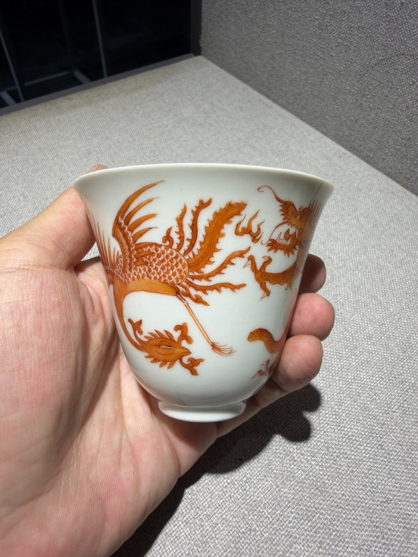 清道光 矾红龙凤纹铃铛杯一对 - 图3