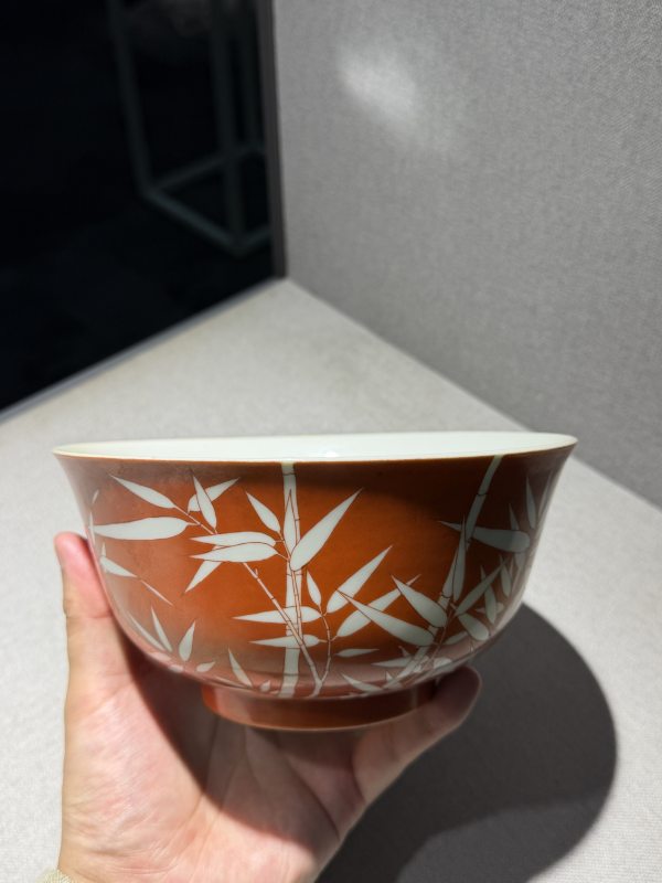 清道光 矾红留白竹纹碗一对 - 图10