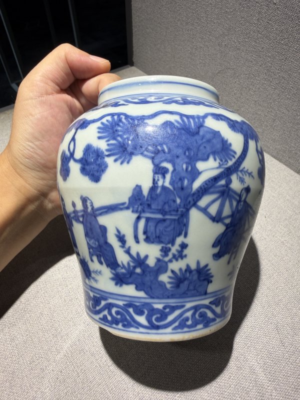 明嘉靖 青花文会图罐 - 图5
