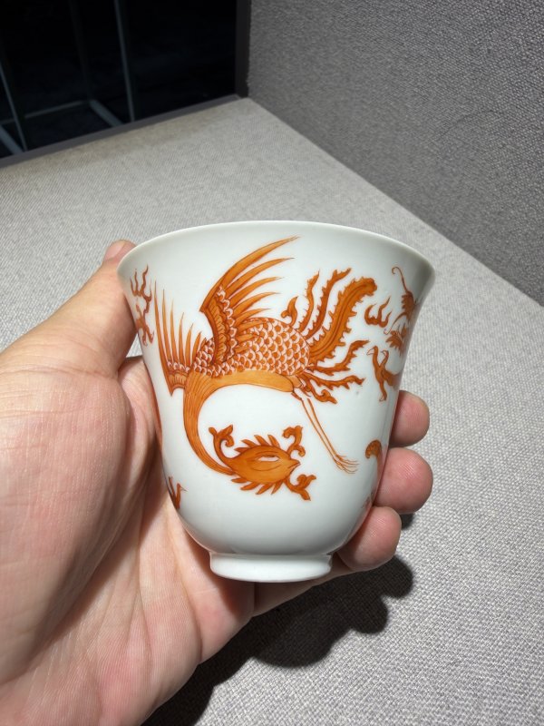 清道光 矾红龙凤纹铃铛杯一对 - 图5