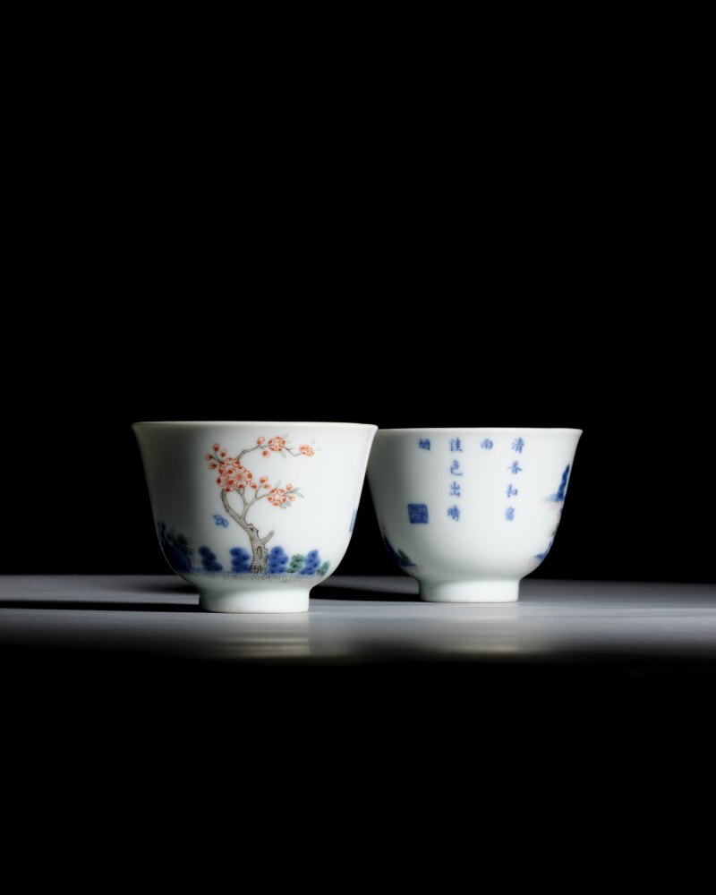 清道光 青花五彩二月杏花诗文花神杯（一对） - 图2