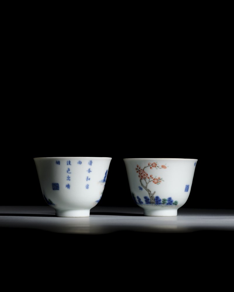 清道光 青花五彩二月杏花诗文花神杯（一对） - 图3