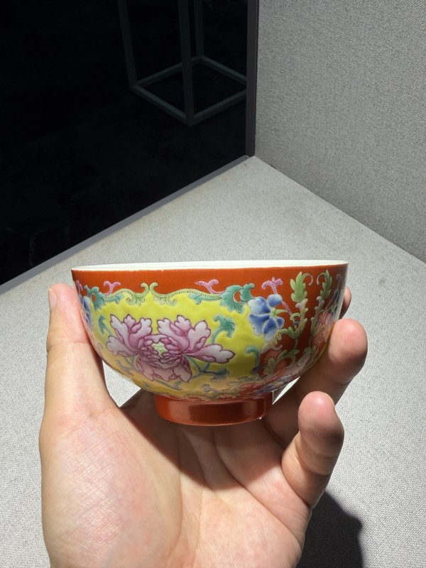 清道光 珊瑚红地洋彩开光并蒂莲纹碗 - 图14