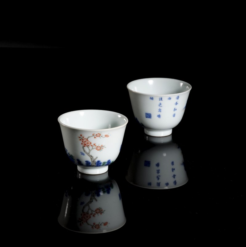 清道光 青花五彩二月杏花诗文花神杯（一对） - 图4
