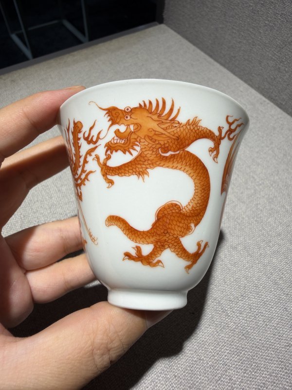 清道光 矾红龙凤纹铃铛杯一对 - 图9