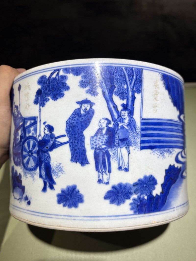 明崇祯 青花丙吉问牛图大笔筒 - 图10