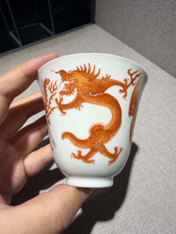 清道光 矾红龙凤纹铃铛杯一对 - 图11