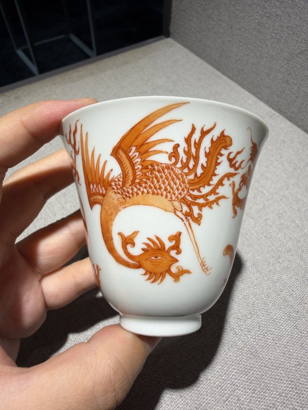 清道光 矾红龙凤纹铃铛杯一对 - 图12