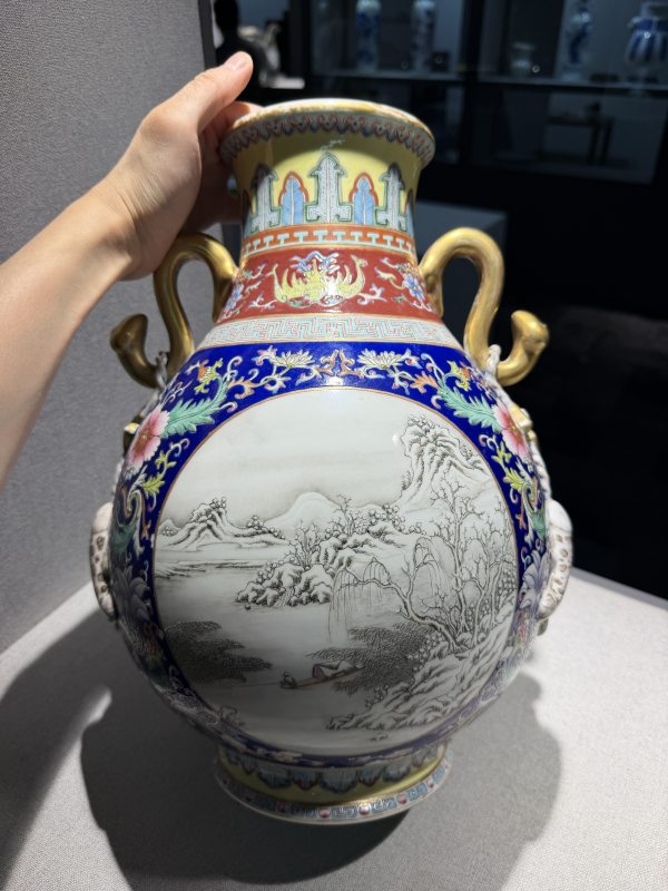民国 仿乾隆洋彩开光雪景图吉庆有余双耳尊 - 图2