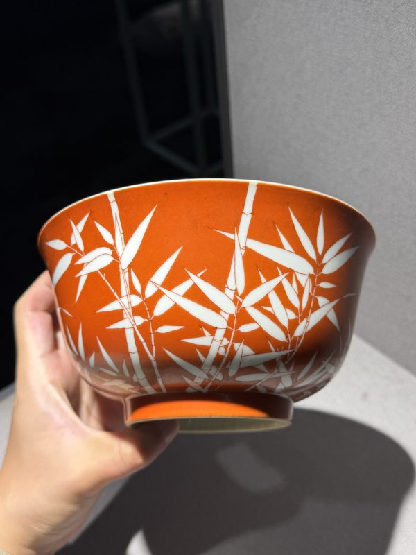 清道光 矾红留白竹纹碗一对 - 图3