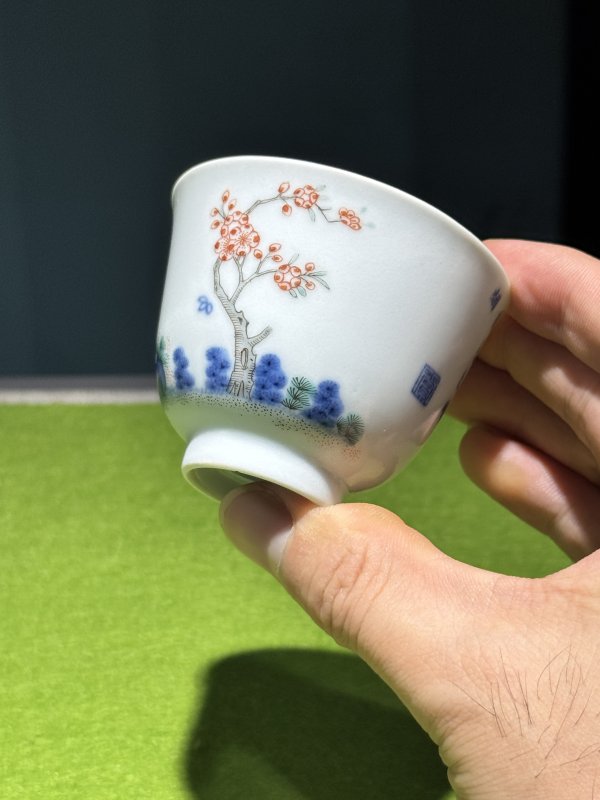 清道光 青花五彩二月杏花诗文花神杯（一对） - 图8