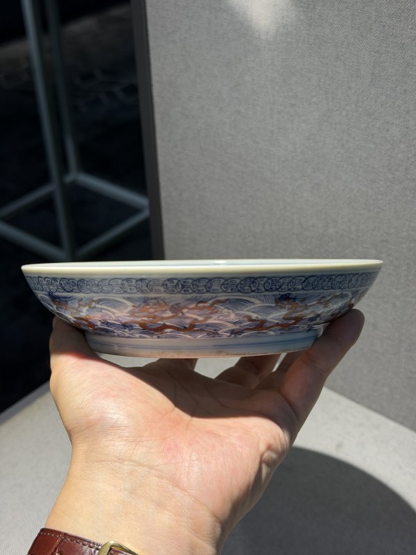 清道光 青花矾红彩海水龙纹盘 - 图5