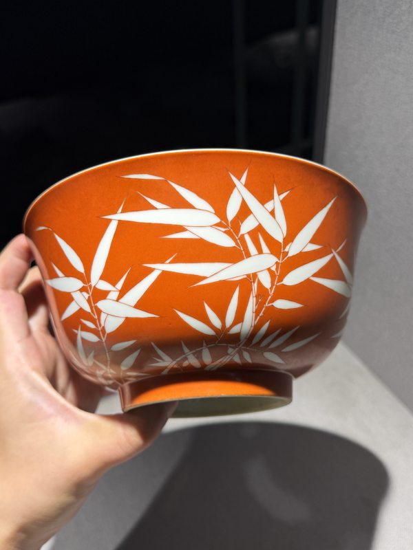 清道光 矾红留白竹纹碗一对 - 图4