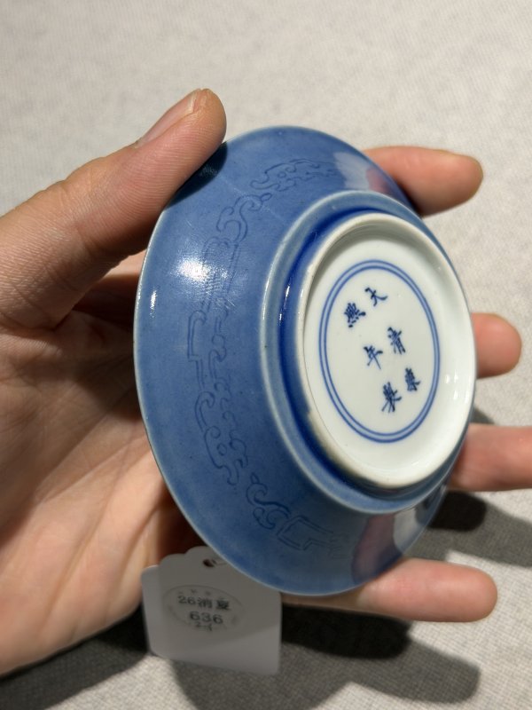 清康熙 天蓝釉暗刻夔龙纹碟一对 - 图16