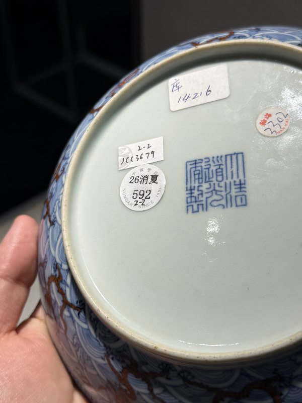 清道光 青花矾红彩海水龙纹盘一对 - 图26