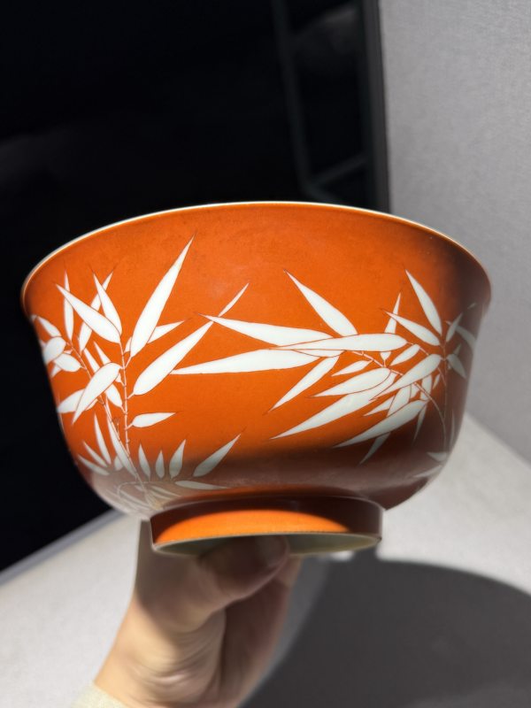 清道光 矾红留白竹纹碗一对 - 图5