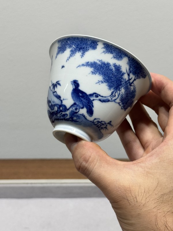 清雍正-乾隆 青花春柳栖禽图铃铛杯 - 图9