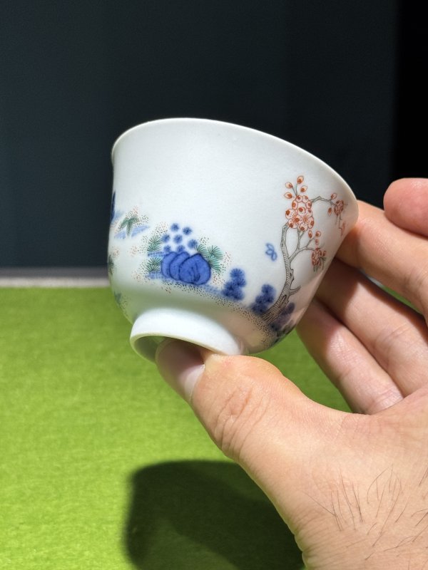清道光 青花五彩二月杏花诗文花神杯（一对） - 图13