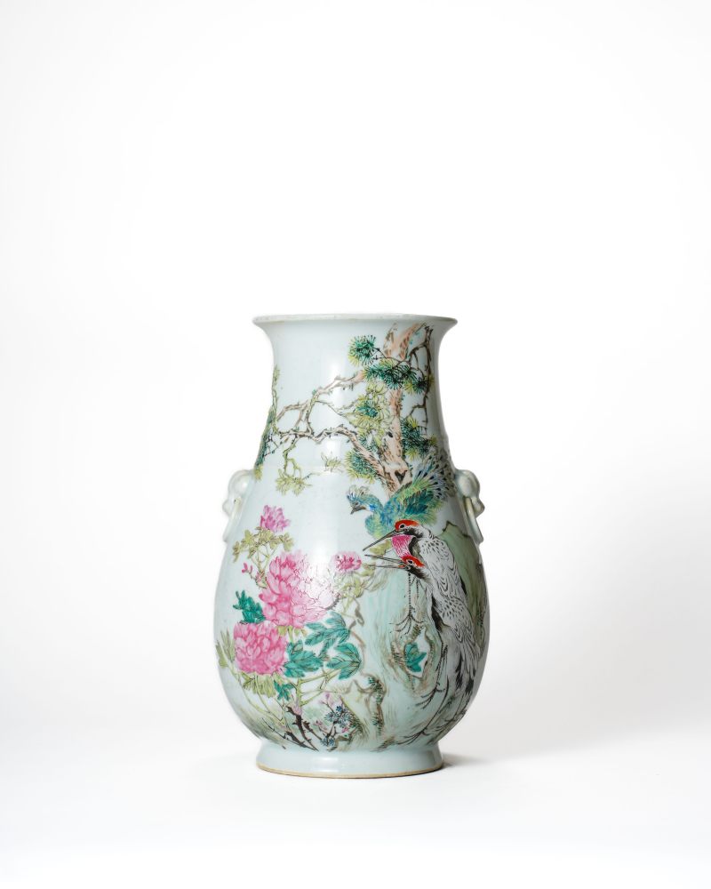 清 浅降彩花鸟纹双耳尊 - 图1