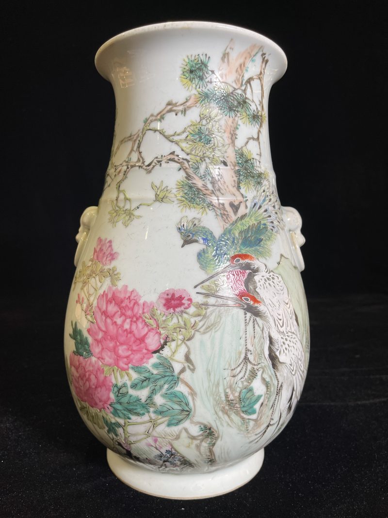 清 浅降彩花鸟纹双耳尊 - 图2