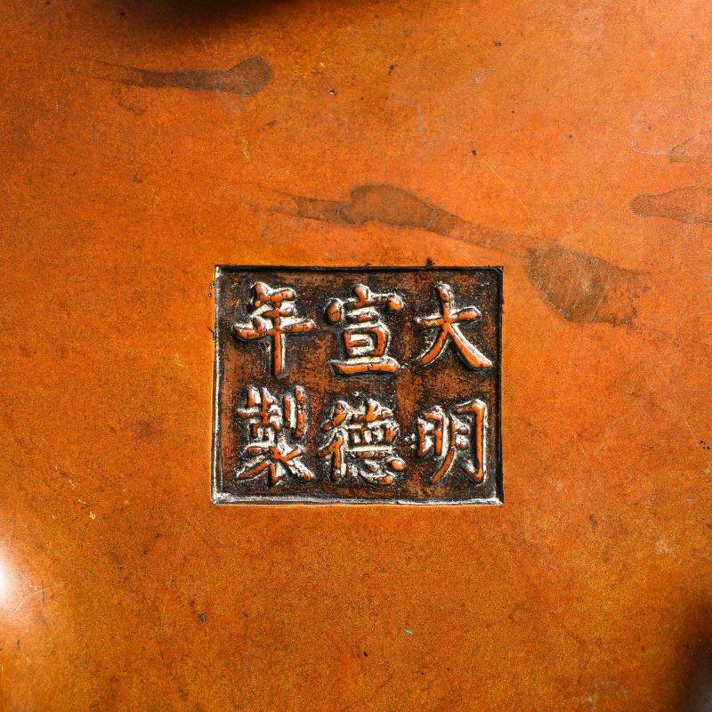 清乾隆 “大明宣德年制”款铜双龙耳冲天炉（附原配底座） - 图12
