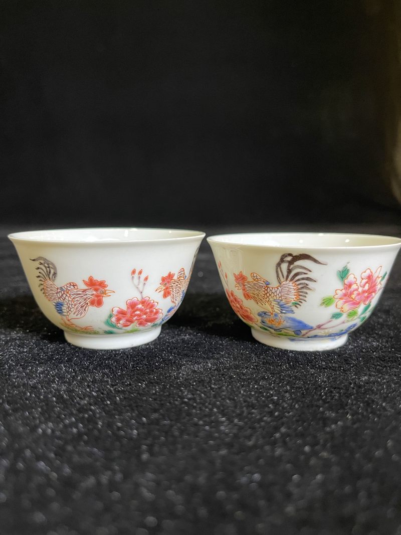 清雍正 粉彩鸡缸杯一对 - 图2