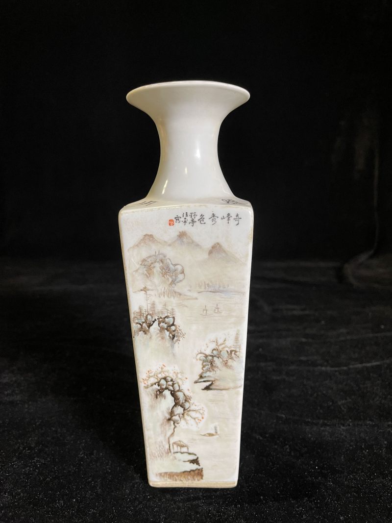 民国 浅降彩花鸟诗文四方瓶 - 图3