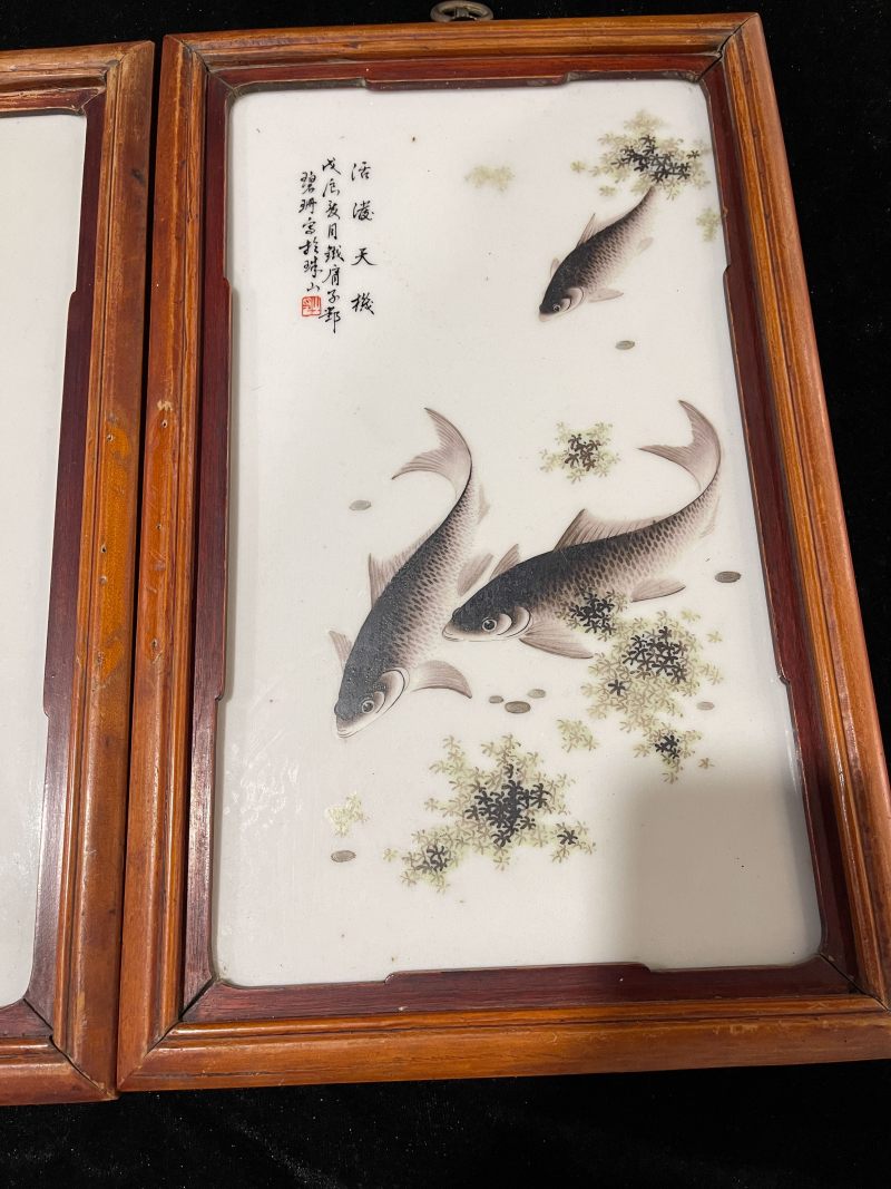 民国 鱼藻图诗文词板4块 - 图5