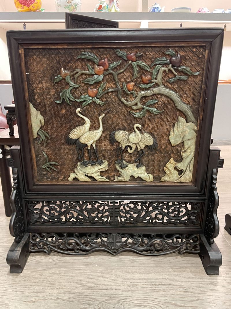 清 红木嵌百宝松鹤延年插屏一对 - 图2