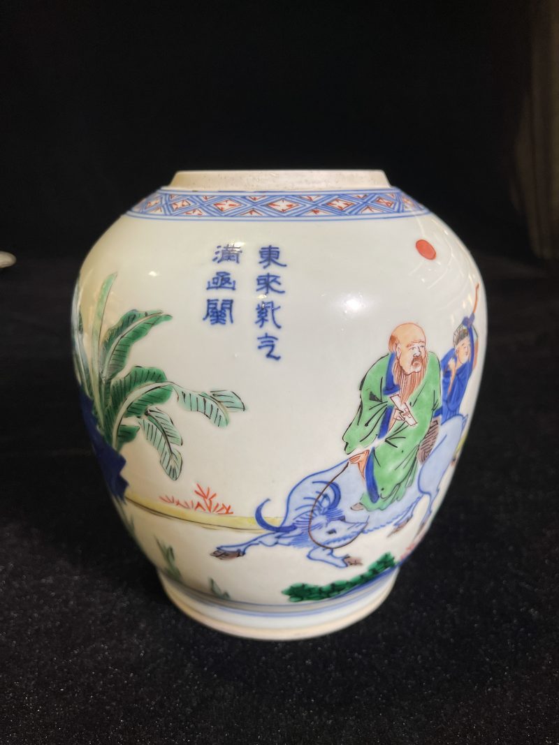 清康熙 青花五彩人物诗文罐 - 图2