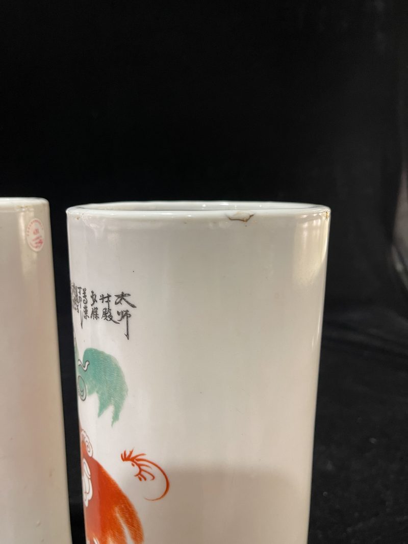 民国 粉彩狮子帽筒一对 - 图6