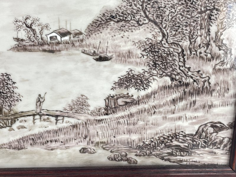 民国 墨彩山水诗文图瓷板 - 图5