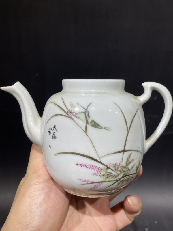 解放后 粉彩花鸟诗文茶壶 - 图6