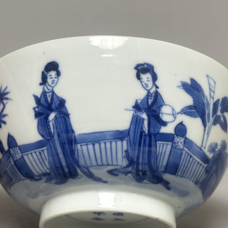 清康熙 青花仕女图盖缸 - 图3