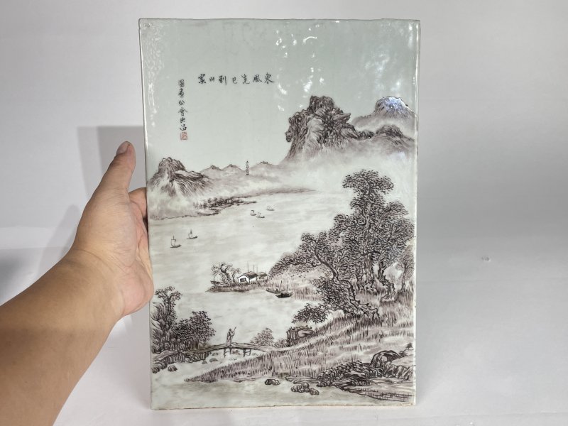 民国 墨彩山水诗文图瓷板 - 图8