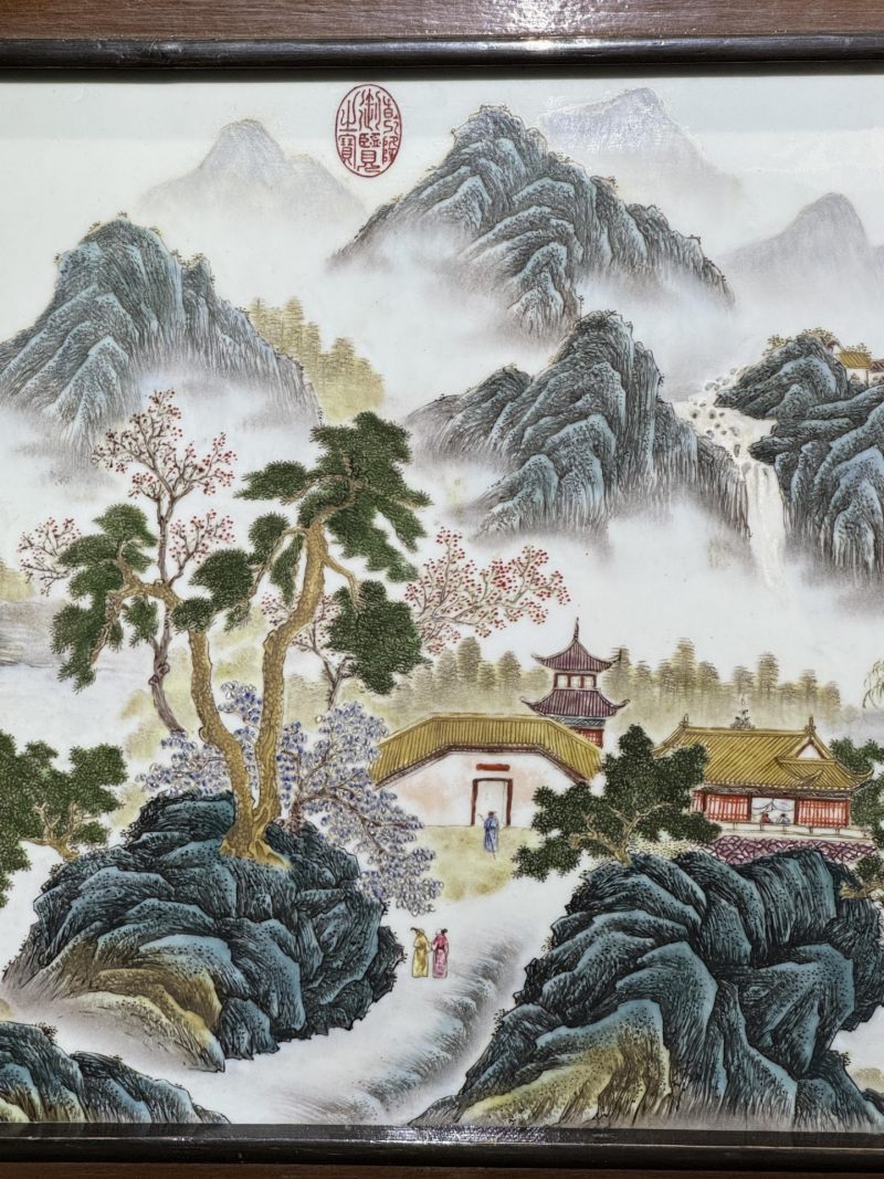    粉彩山水人物诗文瓷板 - 图8