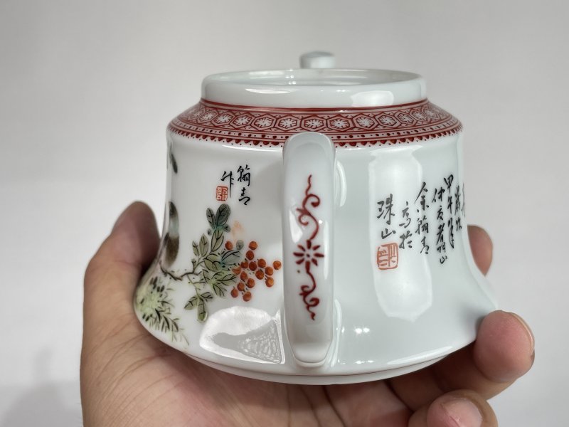 解放后 粉彩花鸟诗文茶壶 - 图5