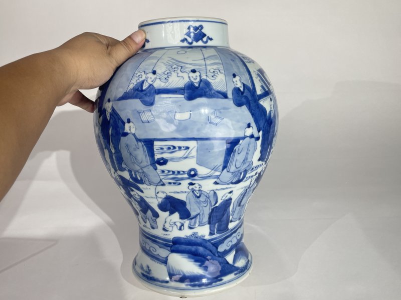 清康熙 青花十八学士图将军罐 - 图2