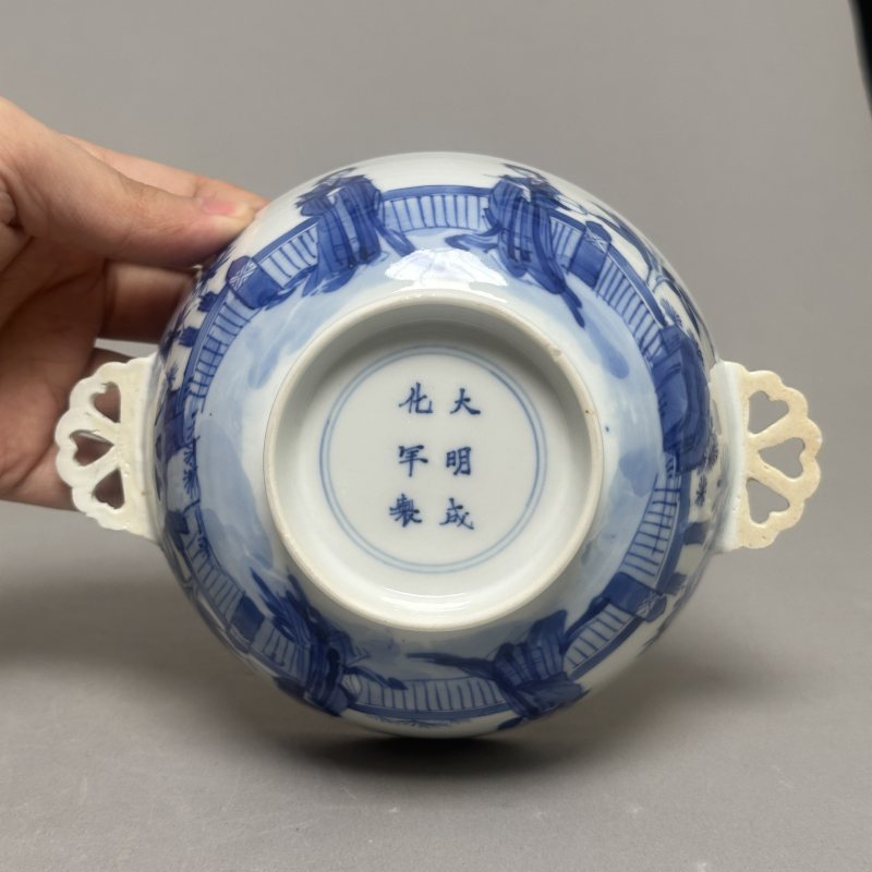 清康熙 青花仕女图盖缸 - 图5