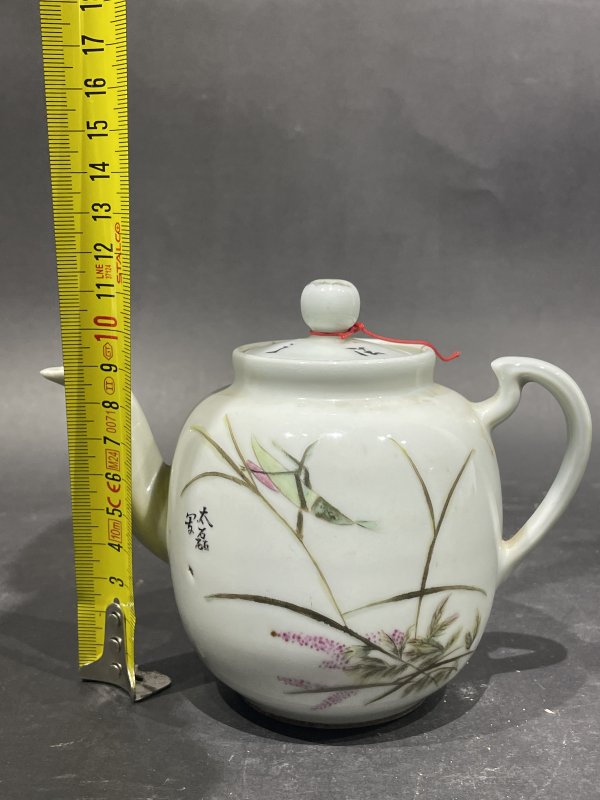 解放后 粉彩花鸟诗文茶壶 - 图11