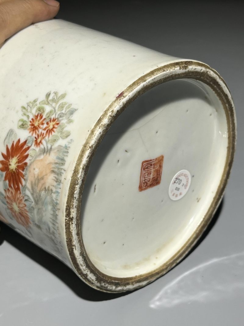    清晚期 浅降彩花鸟诗文帽筒一对 - 图9