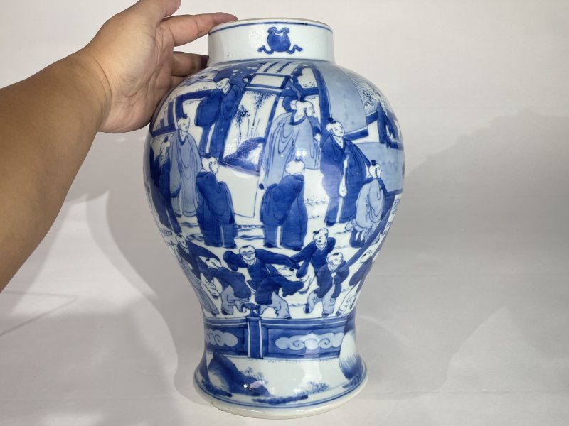 清康熙 青花十八学士图将军罐 - 图3