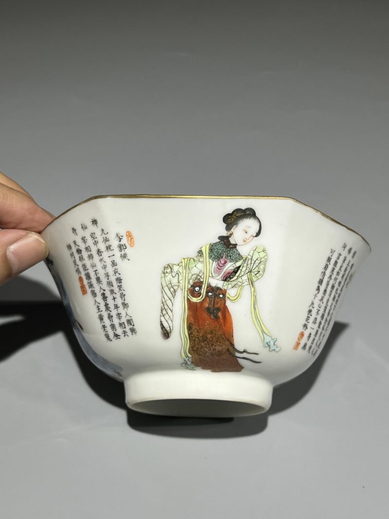    清道光 粉彩无双谱六方碗 - 图2