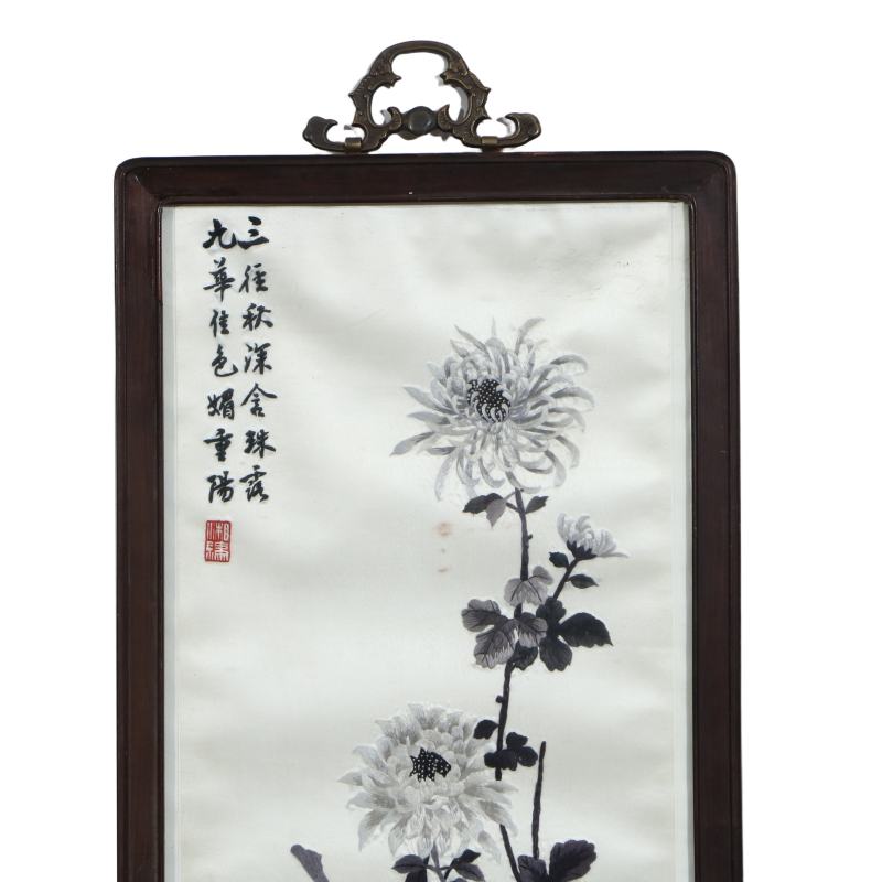 湘绣梅兰竹菊红木框四条挂屏 - 图12