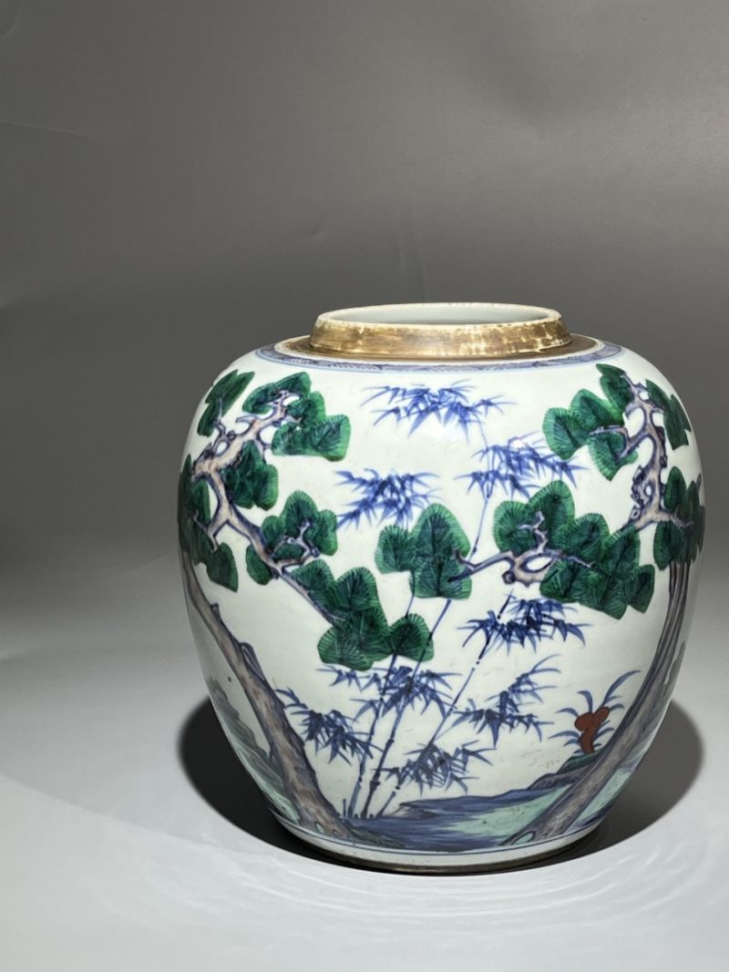    清雍正 青花加彩松竹梅罐 - 图8