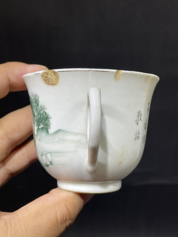 民国 绿彩山水诗文把杯 - 图3