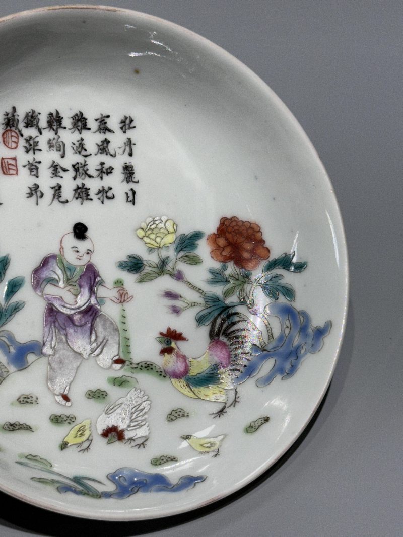    民国 粉彩鸡缸盘 - 图3