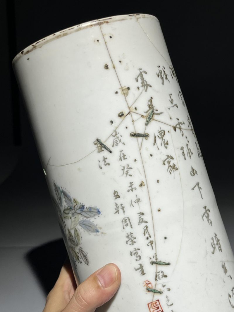    清晚期 浅降彩花鸟诗文帽筒一对 - 图14
