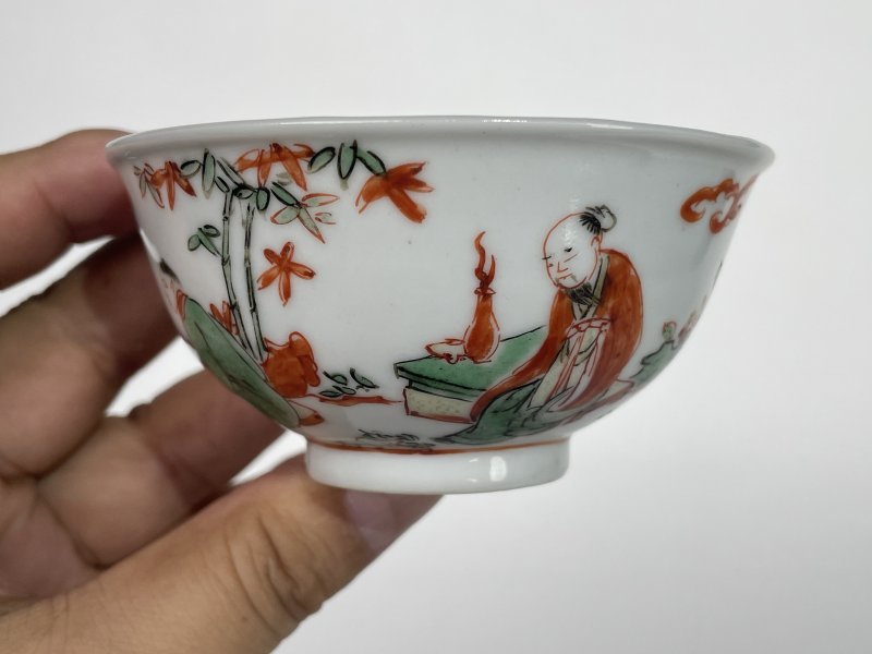 清中期 仿明红绿彩人物纹小碗一对 - 图2